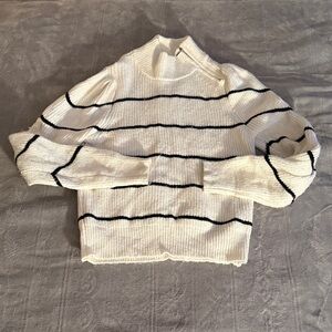 White House Black Market Ivory and Navy Striped Turtleneck Sweater